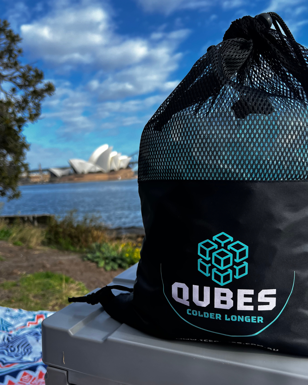 Qubes reusable ice cube bag in an outdoor setting