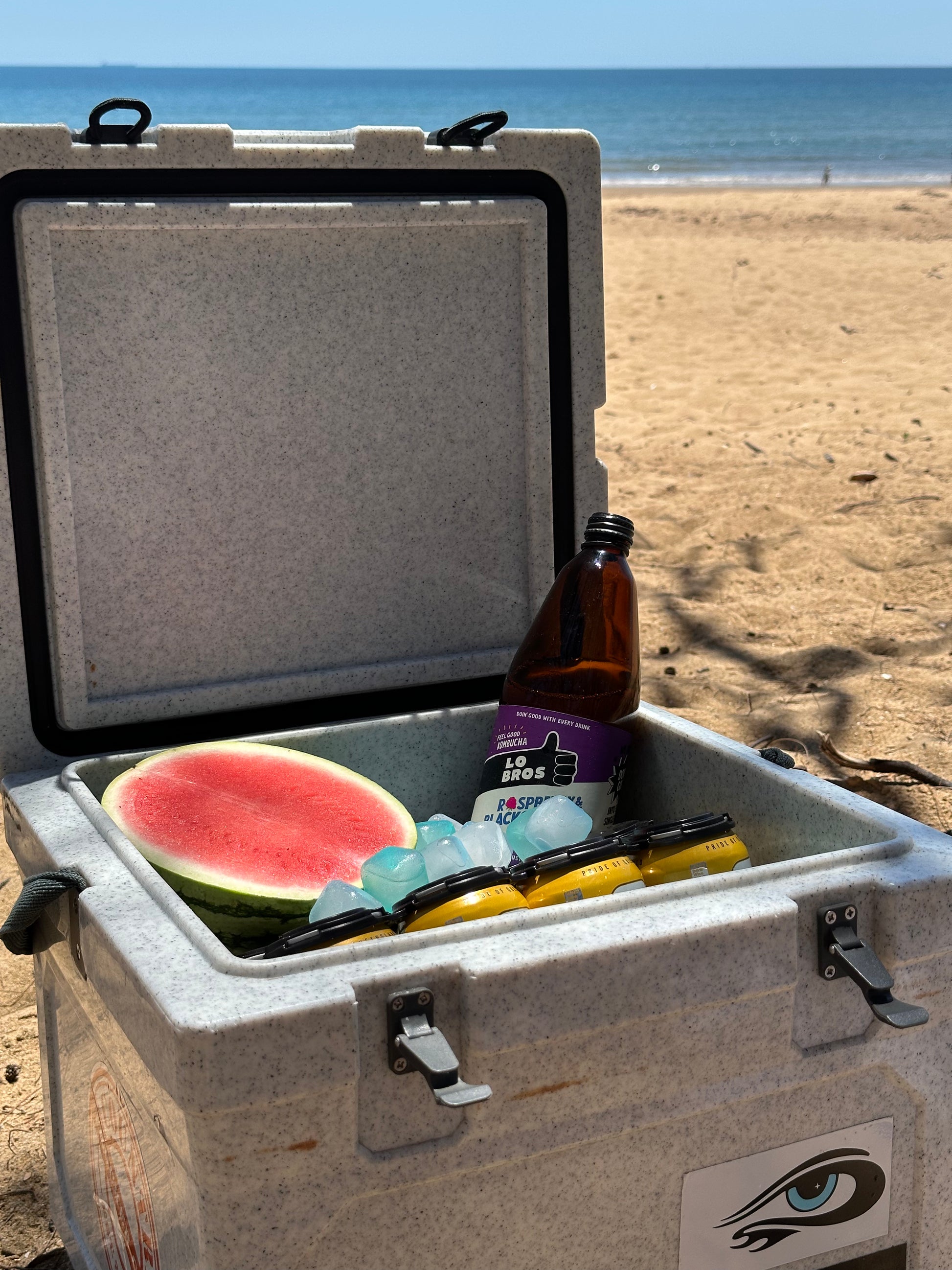 Open cooler packed at the beach with reusable ice cubes and drinks