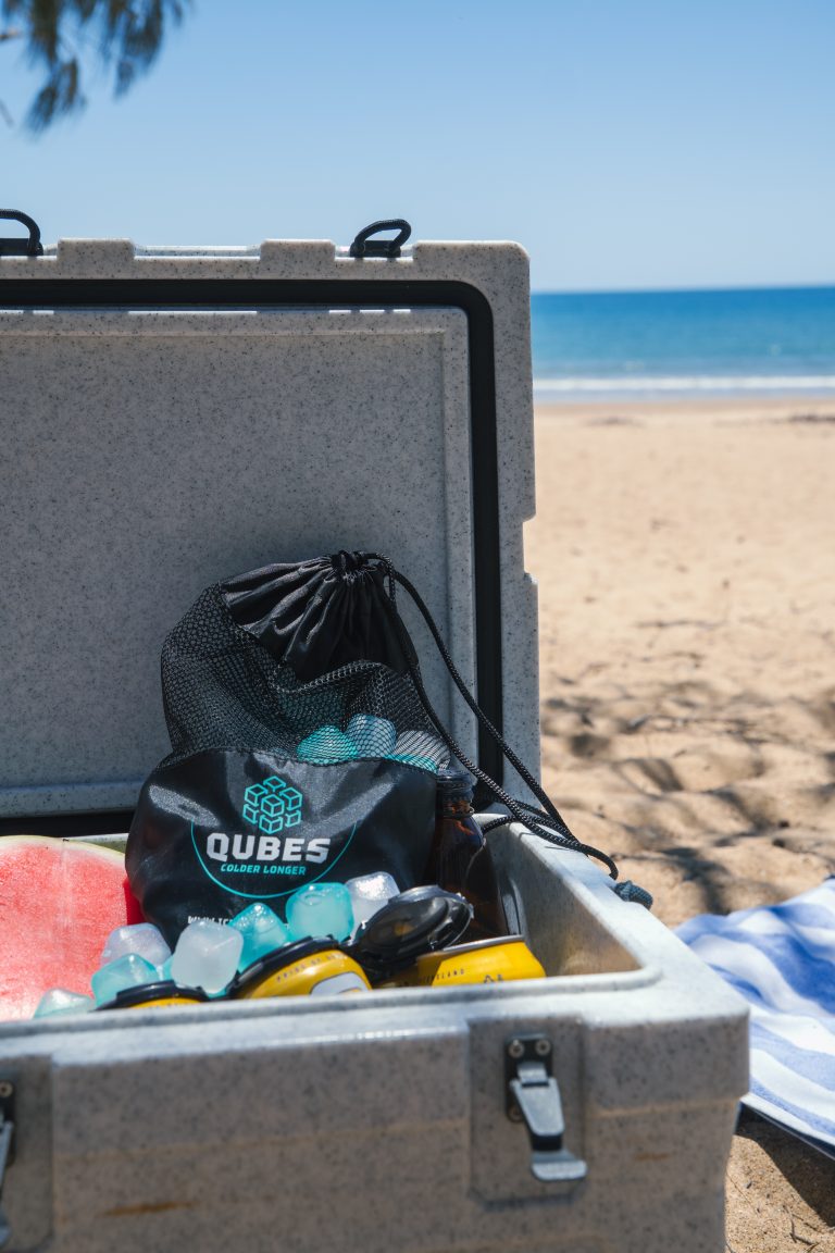 Qubes reusable ice cube bags packed for a day by the water