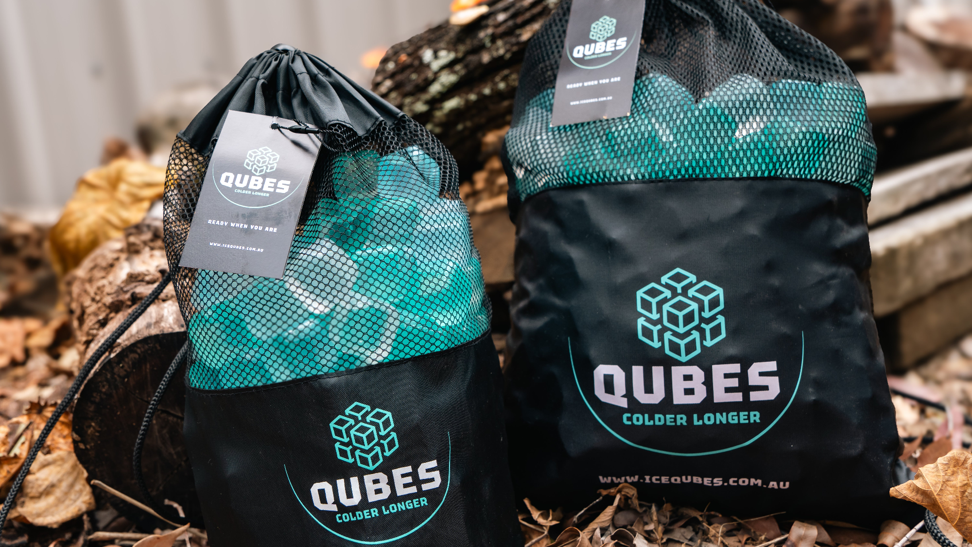 Qubes reusable ice cube bags outdoors, camping cooler alternative
