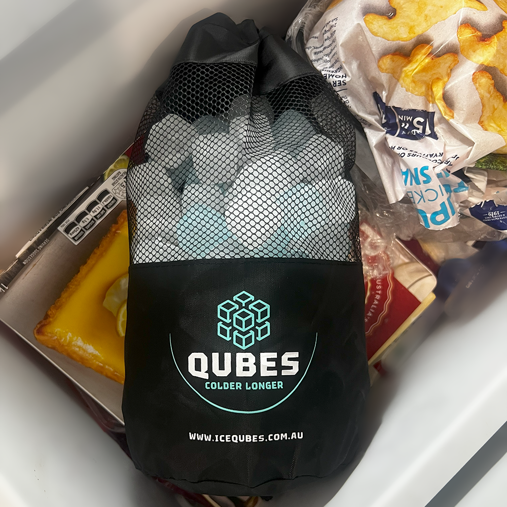 Qubes reusable ice cube bag stored in a home freezer