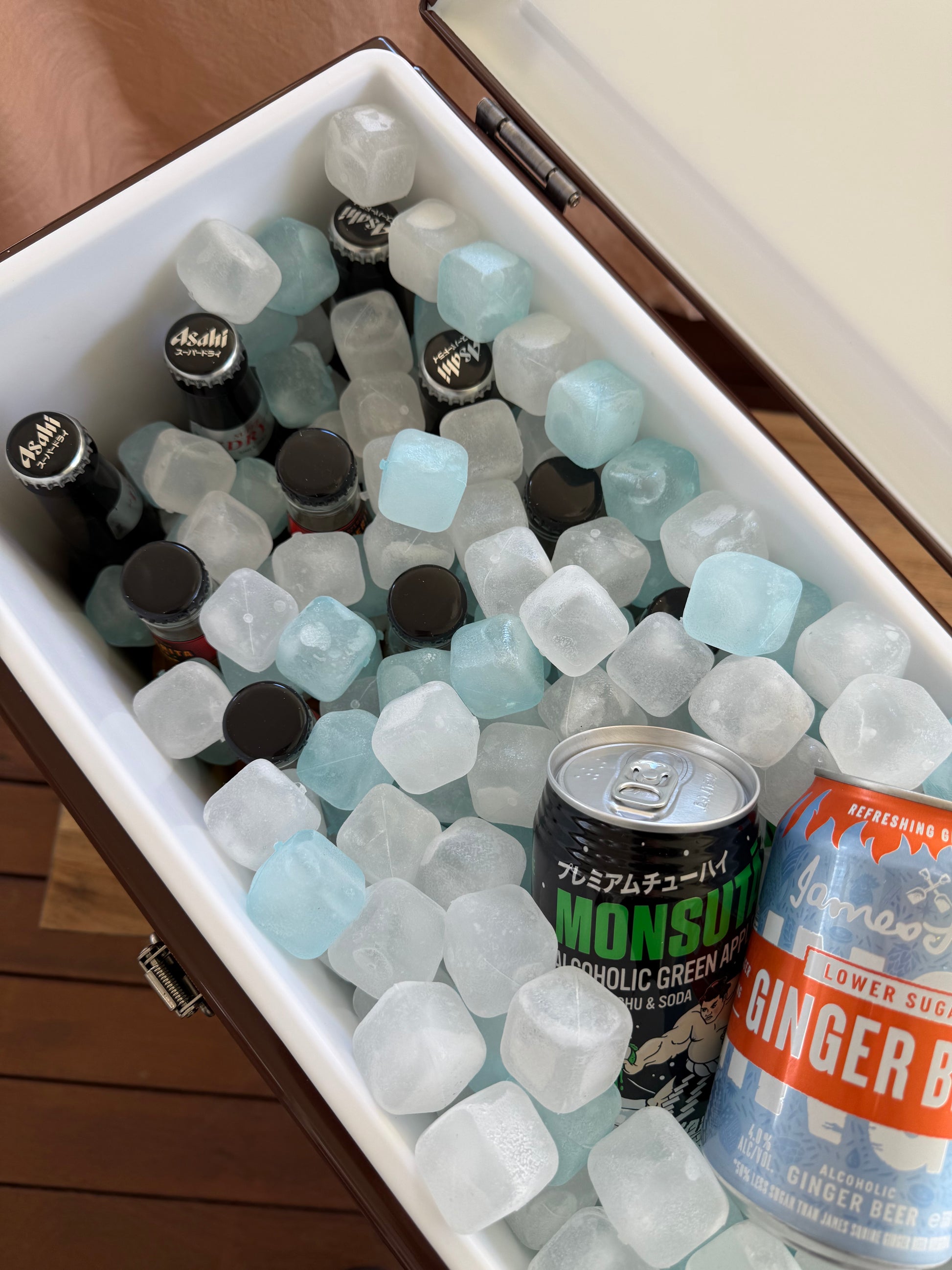Cooler filled with Qubes reusable ice cubes staying cold and dry